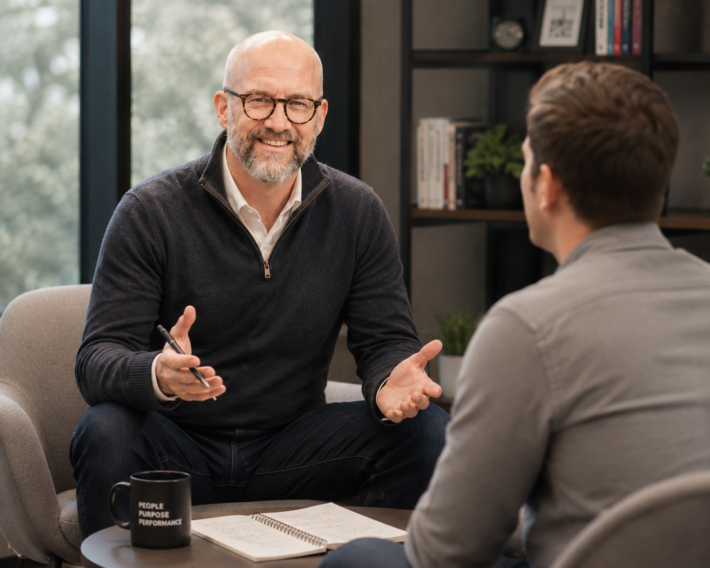 Jeff Keuss leading a one-on-one executive coaching session in a modern office, engaging in a professional discussion with a client while sharing leadership and personal development insights.