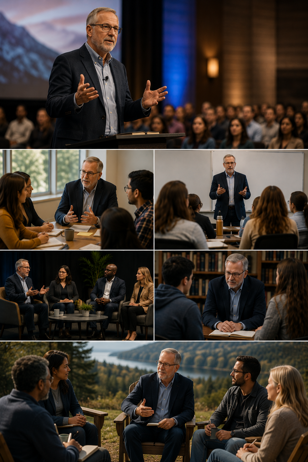Jeff Keuss facilitating a leadership retreat in a scenic outdoor setting while engaging participants in thoughtful discussion, representing keynote presentations, workshops, seminars, guest lectures, panel discussions, and educational retreats focused on leadership, faith, culture, and personal growth.