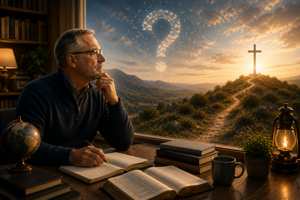Jeff Keuss sitting thoughtfully at a desk overlooking a sunlit landscape with a winding path leading toward a cross on a hill, surrounded by books and notes, symbolizing curiosity, faith, reflection, learning, and the pursuit of deeper understanding through meaningful questions.