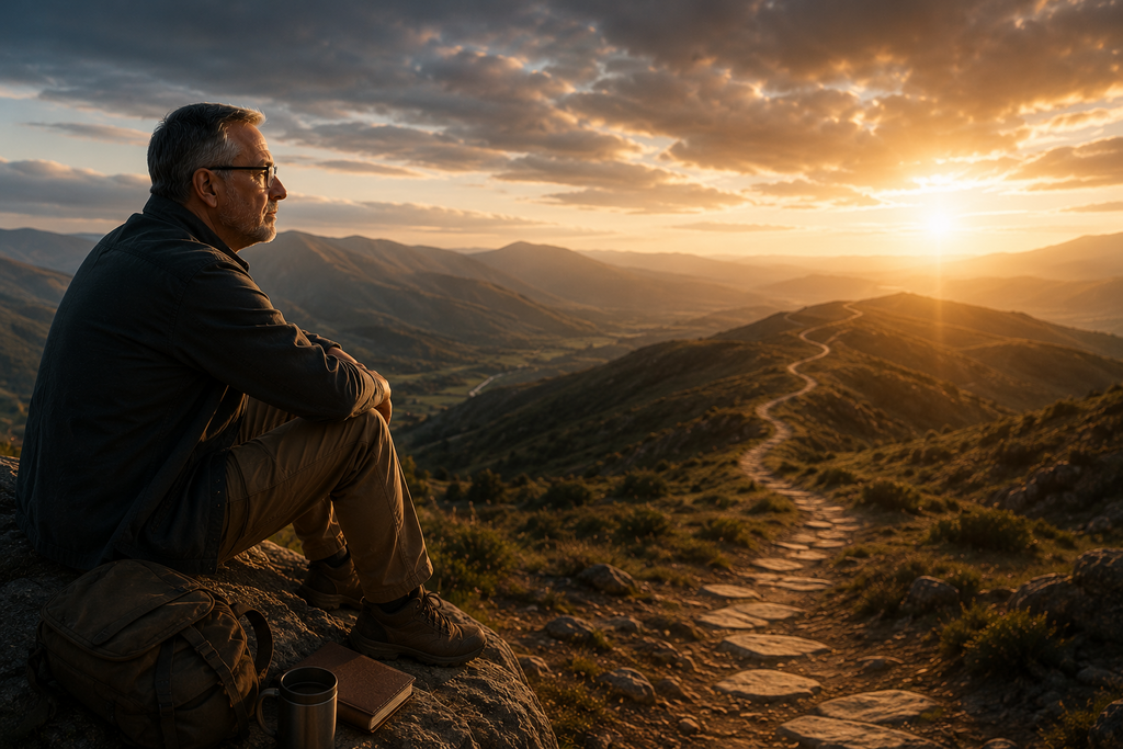 Jeff Keuss sitting on a mountain overlook at sunset, reflecting beside a journal and coffee mug while gazing toward a winding path through the hills, symbolizing faith as a lifelong journey of discovery, humility, growth, reflection, and learning through meaningful questions.